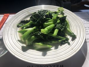 Chinese broccoli 唐芥蘭 with white sauce   at Veggie Heaven in Teaneck