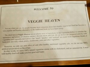 The place mat explains a lot. I dirtied it, please excuse that part. at Veggie Heaven in Teaneck