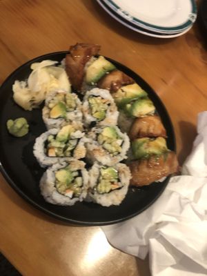 California roll 
Dragon roll   at Veggie Heaven in Teaneck