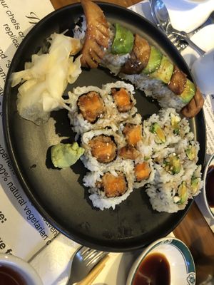 Sweet potato roll 
California roll dragon roll   at Veggie Heaven in Teaneck