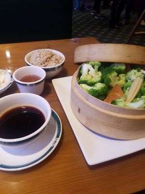 Mixed veggies and brown rice w/ sauce at Veggie Heaven in Teaneck