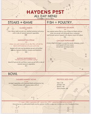 Dinner menu at Haydens Post in Jackson