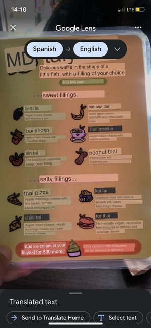 google translated menu at Veggie Koi Sushi in Mexico City