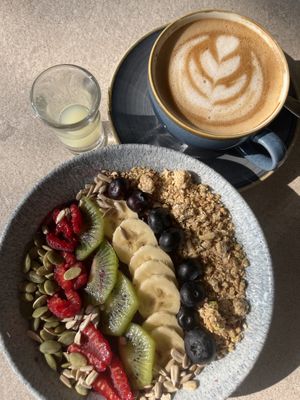 Açai Bowl and Oat Milk Cappuccino from Elements restaurant   at Four Seasons Hotel in Doha