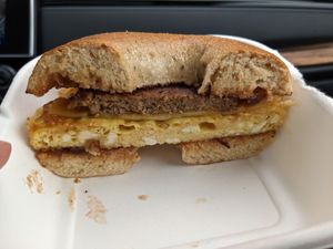 Cranfransisco breakfast sandwich on sundried tomato bagel at Hollycake House in East Rochester