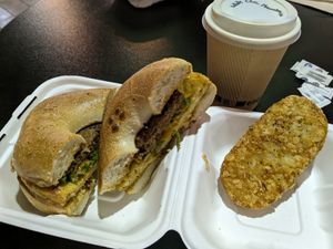 Santa Fe on plain bagel, hash brown, and a fantastic white chocolate macadamia mocha at Hollycake House in East Rochester