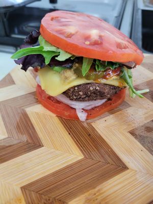 black bean burger with organic tomato bun at Green Leaf Vegan Kitchen in Roanoke