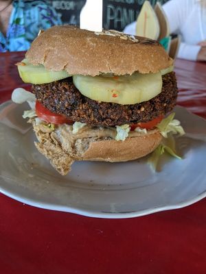 Falafel Burger at Veggie Veggie in Puerto Morelos