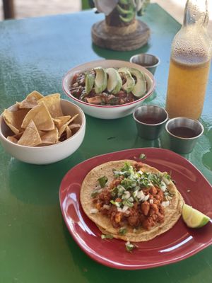 Tacos with corn tortilla chips and "shrimp" cocktail dish (cold, refreshing & filling? at Veggie Veggie in Puerto Morelos