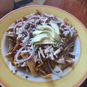 Chilaquiles verde con chorizo vegano at Veggie Veggie in Puerto Morelos