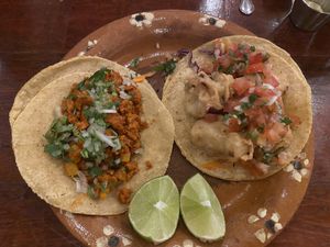 Al pastor and baja taco  at Veggie Veggie in Puerto Morelos
