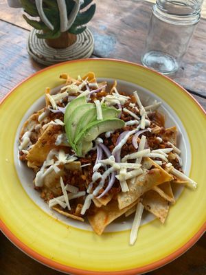 Red chilaquiles at Veggie Veggie in Puerto Morelos