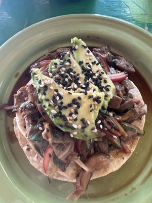 The ceviche tostada   at Veggie Veggie in Puerto Morelos