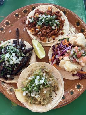 The four types of tacos  at Veggie Veggie in Puerto Morelos