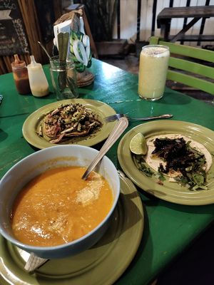 Soup, tostada and taco :) at Veggie Veggie in Puerto Morelos
