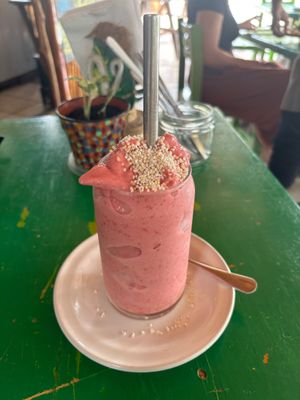 Strawberry, Raspberry and Banana smoothie  at Veggie Veggie in Puerto Morelos