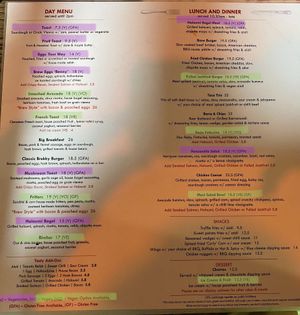 Menu (Dec 20). Vegan and vegan options in green. Vegetarian in purple at Brew Cafe & Wine Bar in Brisbane