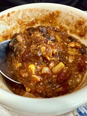 Vegan chili - deliciously seasoned!  at Cafe Olympic in Crystal Lake