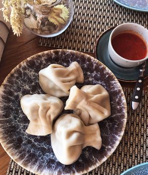 Khinkali with mushrooms and spicy satsebeli sauce at Dom Vkusa Sharden in Tula