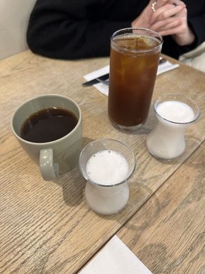 Coffee (iced and hot) with almond milk   at Aunts et Uncles in Brooklyn