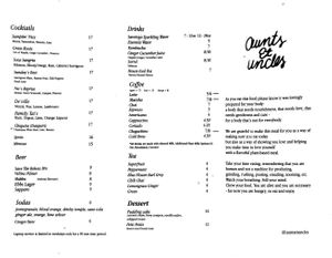 Beverage & dessert menu at Aunts et Uncles in Brooklyn