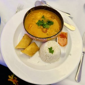 Thai red curry with coconut rice and spring roll (main)  at Patio de la Fuente in Calpe