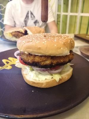 Vegan burger with home made soy patty at Kakao Cafe in Dahab