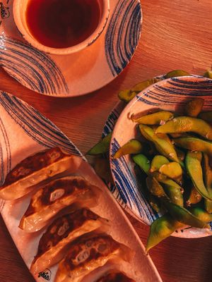 Vegan gyozas and edamame at Ramen Shifu - Chueca in Madrid