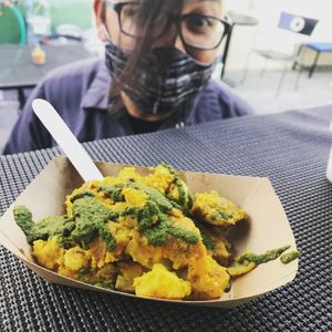 Samosa Potatoes with Mint Jalapeño sauce at Veggie Jackson at Monarch in El Paso