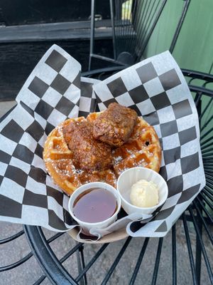 Maple Sriracha Crispy Chikn on a lemon waffle  at Veggie Jackson at Monarch in El Paso