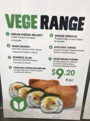 Vege options at St Pierre's Sushi in Auckland