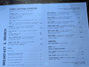 Menu Aug 25 at Penny Farthing Espresso in Northcote