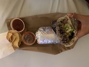 This is the paia burrito with the complete meal and chips with hottest salsa  at Maui Tacos in Kailua