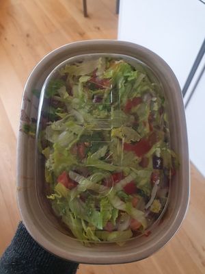 Takeaway grilled veg bowl - coriander rice, beans, veg, salsa, guac and lettuce at Tortilla - Canary Wharf in East London