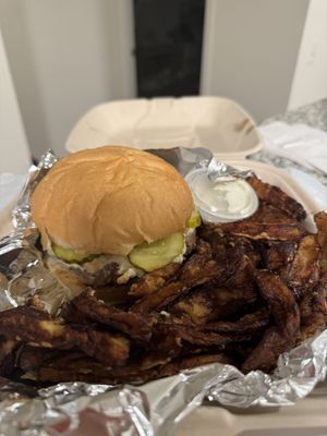 Burger and eggplant fries  at Galaxy Hut in Arlington