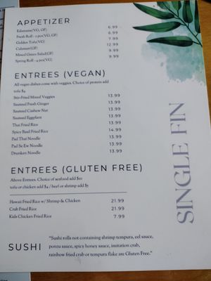 Vegan menu as of 12-19-25. Carmelized eggplant appetizer is no longer vegan. at Single Fin in Nags Head