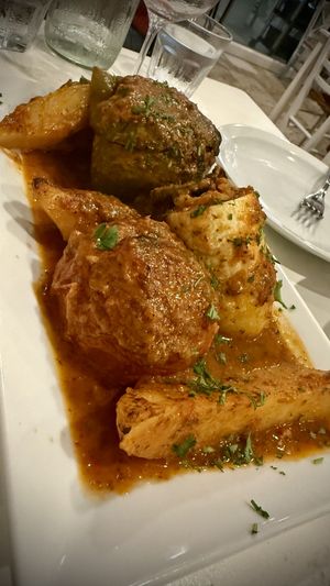 Stuffed zucchini pepper tomato and baked potato's  at Blu Kouzina in Sarasota