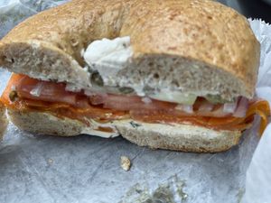 Vegan-lox sandwich inside  at Balsam Bagels in Rochester