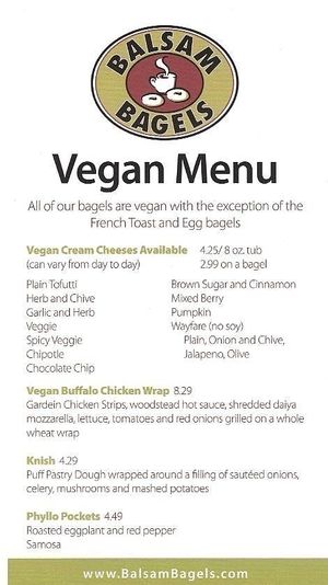 Vegan menu, p. 1 of 2
9/2017 at Balsam Bagels in Rochester
