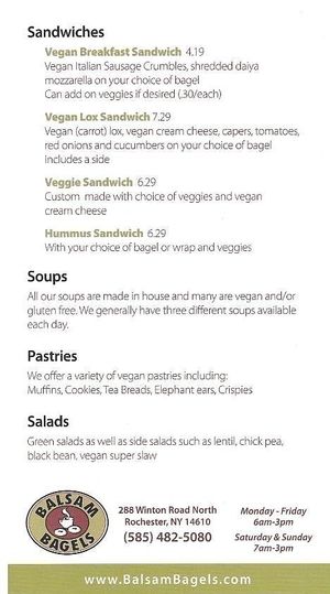 Vegan menu, p.2 of 2
9/2017 at Balsam Bagels in Rochester