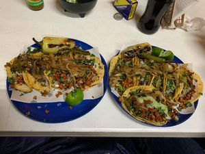 Pastor and sausage tacos at Taquitos Veganos el Encino - Food Stand in Aguascalientes
