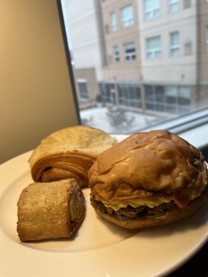 Vegan breakfast sandwich, chocolate croissant and rugelach I brought back to my hotel.  at Allegro Bakery in Pittsburgh