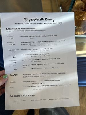 Sandwich menu  at Allegro Bakery in Pittsburgh