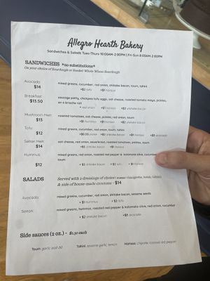Menu  at Allegro Bakery in Pittsburgh