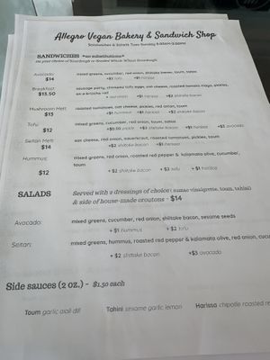Sandwich menu  at Allegro Bakery in Pittsburgh
