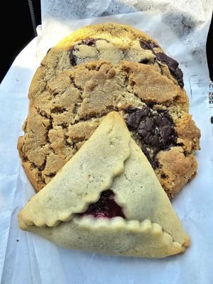 Raspberry Hamantaschen; Tahini, Pistachio, Chocolate Chip Cookie; Chocolate Chip Cookie at Allegro Bakery in Pittsburgh