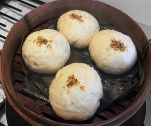 Vegan Steamed Stuffed Sweet Bean Bun with Osmanthus Flower  at Cai's Dim Sum Catering Brattleboro Vermont, organic adzuki beans and Vermont's King Arthur Flour at Cai's Dim Sum Catering in Brattleboro