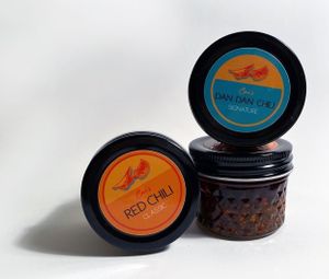 Cai's Vegan Gluten-Free Red Chili Sauce and Dan Dan Chili Sauce at Cai's Dim Sum Catering Brattleboro Vermont at Cai's Dim Sum Catering in Brattleboro