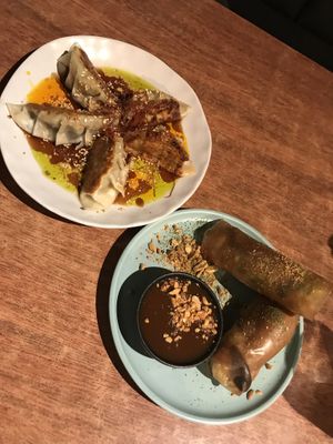 Teriyaki king oyster mushroom rice paper rolls & house made potsticker dumplings  at Vego Delish in Perth