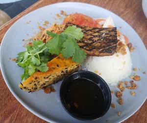 Broken Rice, including mushroom frittata and tofu at Vego Delish in Perth